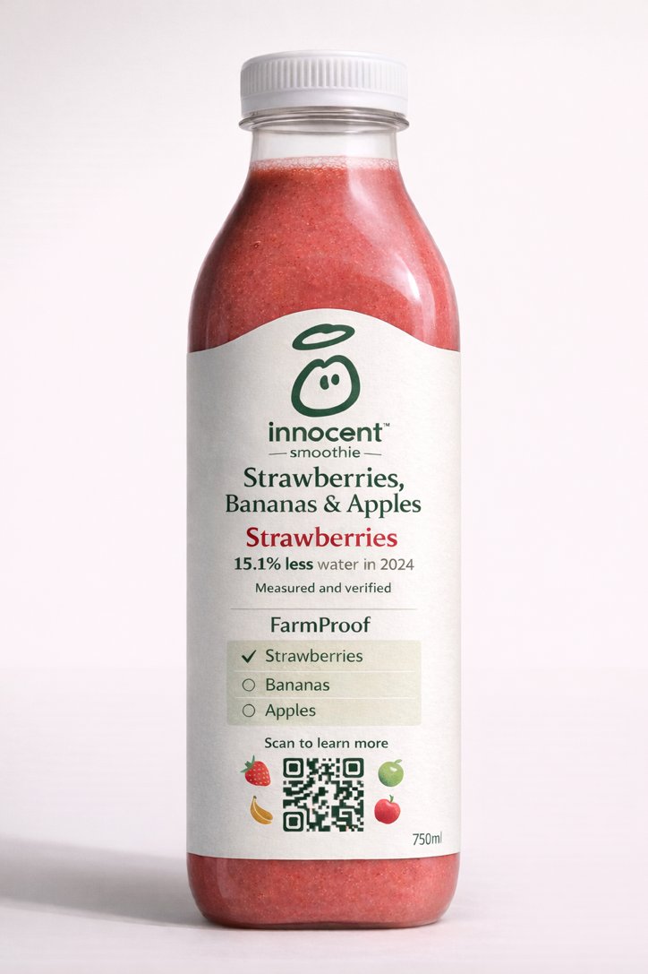 Innocent smoothie bottle with a FarmProof label showing verified strawberries
