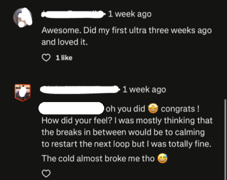 Comment thread under a Strava post about a first ultra run